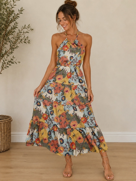 Monteau Dresses & Skirts - Monteau Floral Halter Tiered Maxi Dress - Yellow, Blue, Coral